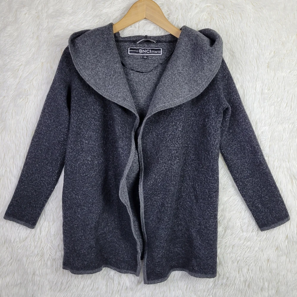BNCI Blanc Noir Cardigan Sweater Womens L Black Cape Hoodie Wool Blend Jacket‎